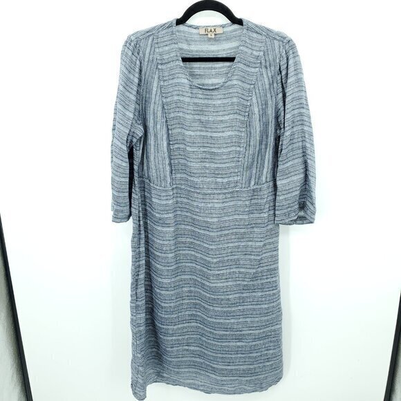 Flax 100% Linen Relaxed Fit Scoop Neck Stripe 3/4 Sleeve Dress S Blue/White - Picture 1 of 16